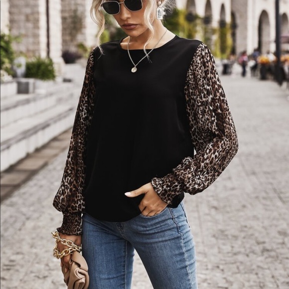 Boho Leopard Print Long Smocked Puff Sleeve Shirt Top Blouse - Picture 4 of 6